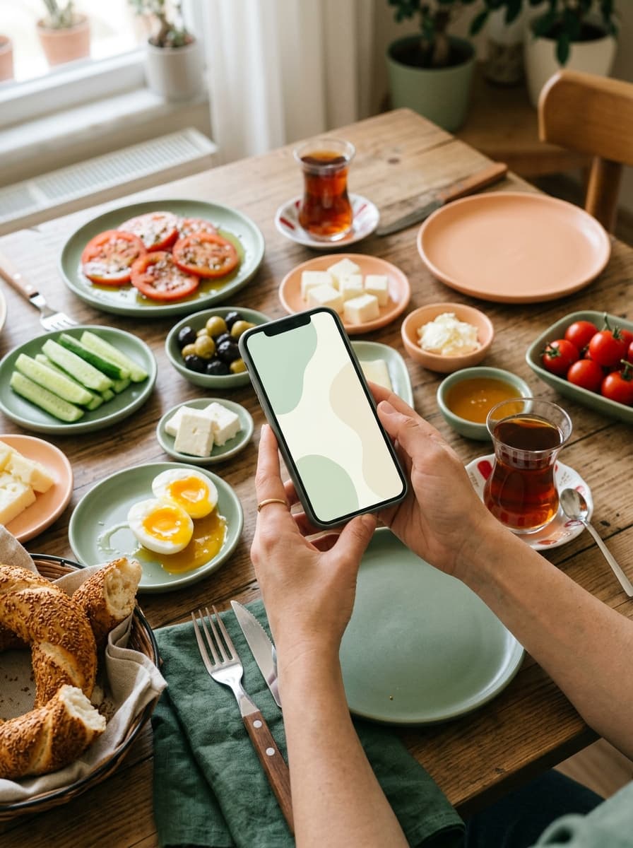 Türk kahvaltı sofrasında telefonundan öğününü kaydeden bir kişi