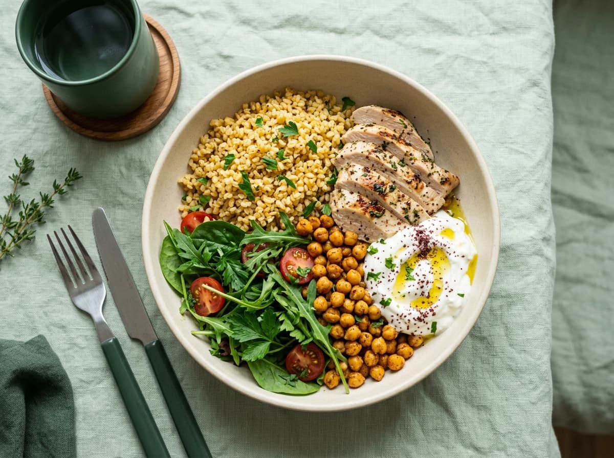 Bulgur, ızgara tavuk, nohut ve yoğurtlu dengeli bir öğle kasesi